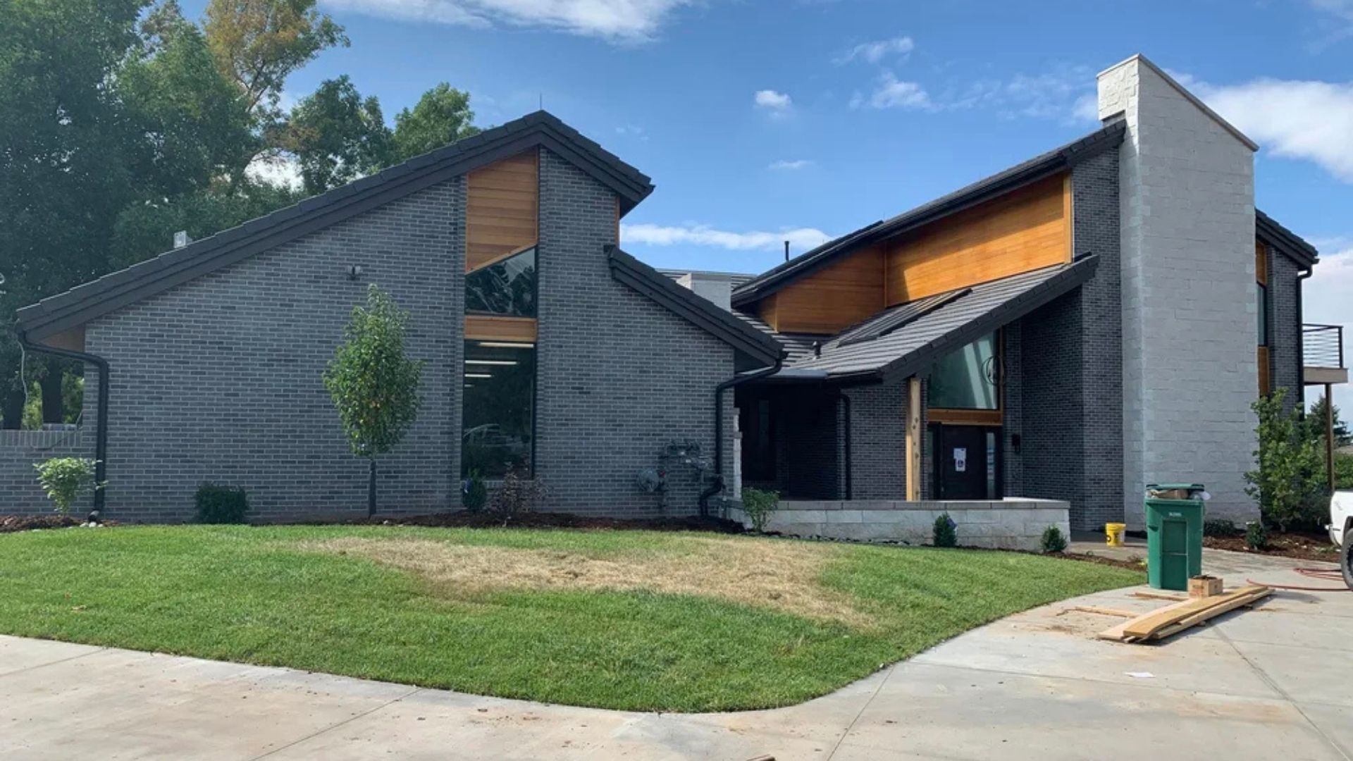 Angular roofline brick chimney facade