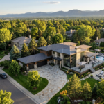 Ultra-realistic aerial photo of a finished custom home in a Denver luxury suburb