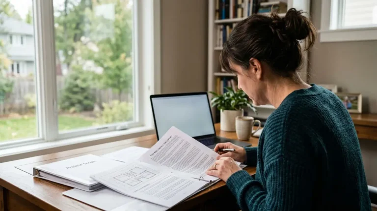 a homeowner reviewing a detailed construction contract at a desk