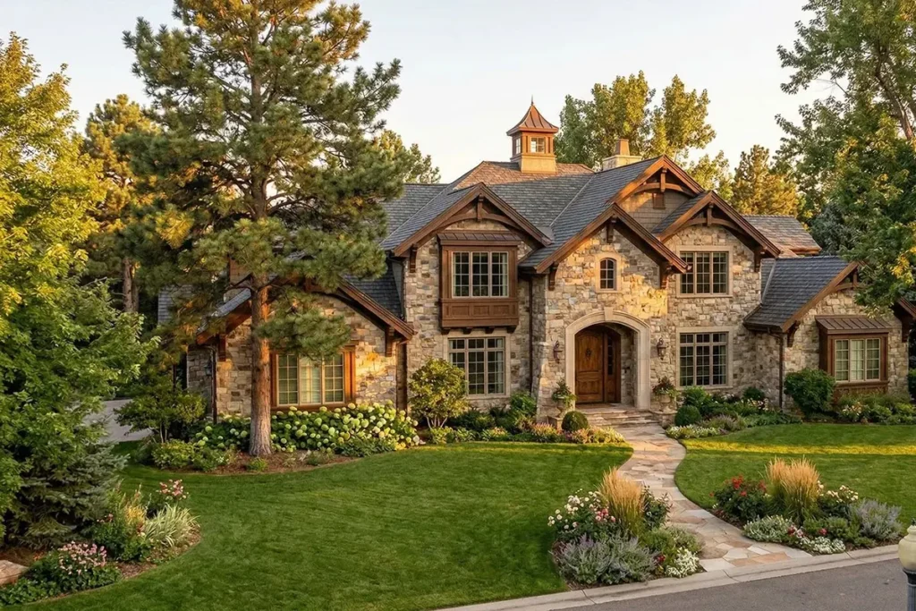 Front exterior of large stone custom home with landscaped lawn.