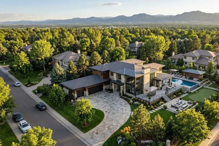 Aerial view of modern estate home with pool and mountain backdrop.