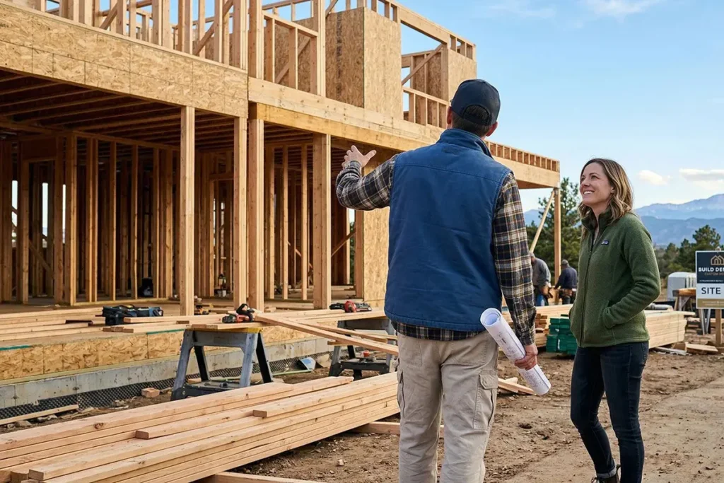 Builder and client reviewing framing at a custom home construction site.